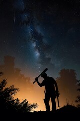 Silhouette of worker under milky way galaxy night sky landscape astrophotography scene