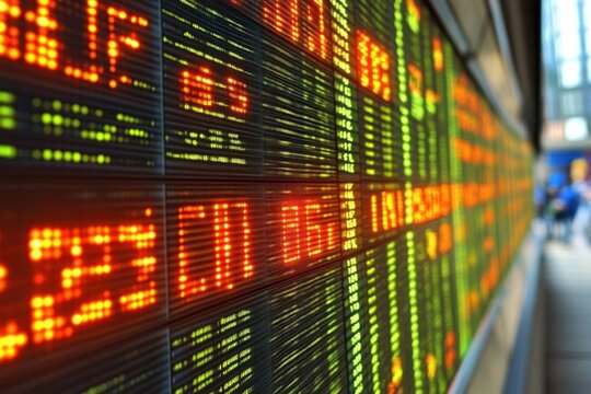 Electronic stock market display board with red and green digits