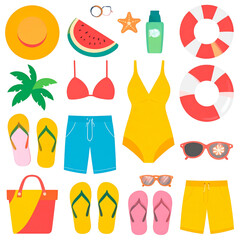 A vector set of summer fashion icons, including swimwear, bags, and shoes, perfect for beach-themed designs