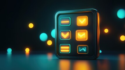 A glowing 3D icon panel displays various interface symbols like checkmarks, mail, and bookmarks on a dark futuristic background with floating orbs, virtual AI hologram