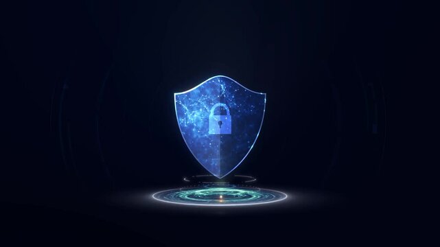Blue glowing digital shield with lock icon symbolizes cybersecurity, data encryption, and internet safety in a modern technology background. Ideal for Cybersecurity and Data Protection themes.