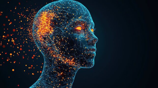 A digital wireframe human head with glowing neural network connections and particles, symbolizing artificial intelligence and advanced technology, virtual AI hologram - Powered by Adobe