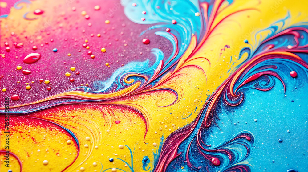 Poster a mesmerizing abstract swirl of vibrant pink, yellow, and blue liquid paints with intricate feather-