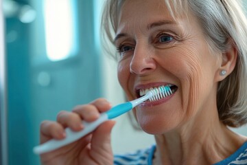 woman tooth bathroom toothbrush hygiene senior morning routine brushing toothpaste care dental elderly home retirement mouth mirror health cleaning man 