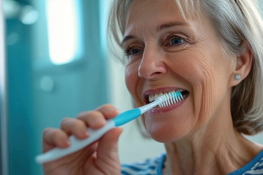 woman tooth bathroom toothbrush hygiene senior morning routine brushing toothpaste care dental elderly home retirement mouth mirror health cleaning man 
