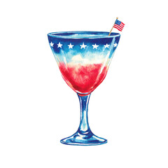 Watercolor cocktail glass PNG filled with a red, white, and blue layered drink, glass decorated with mini flag motifs and soft reflections, 4th July PNG, 4th July celebration