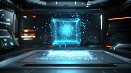 A futuristic holographic blue cube floats above a glowing digital interface in a high-tech, sci-fi environment with advanced technology displays, virtual AI hologram