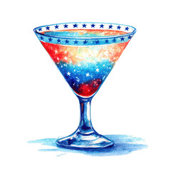 Watercolor cocktail glass PNG filled with a red, white, and blue layered drink, glass decorated with mini flag motifs and soft reflections, 4th July PNG, 4th July celebration
