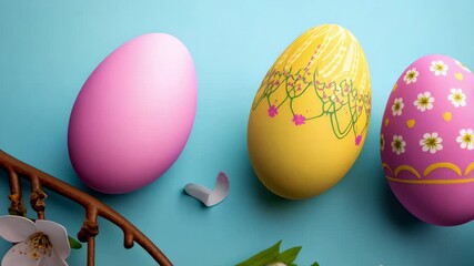 Painted easter eggs with a branch of white flowers on a blue background, springtime celebration of the holiday season, colorful eggs - Powered by Adobe
