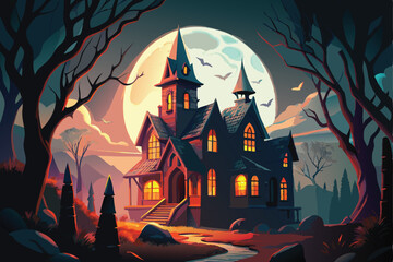 Spooky Halloween night with a haunted house and castle on a hill, silhouetted by the moon and bats, perfect for an autumn celebration illustration