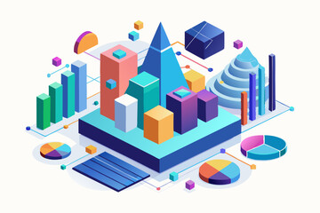 Isometric 3D illustration of a blue bar chart representing financial growth, business performance, or statistical analysis. The image features five ascending bars placed on a tech-style platform.