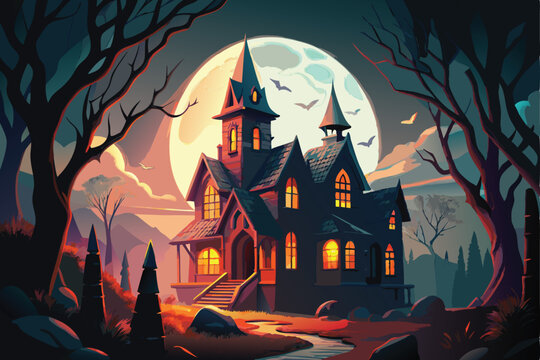Spooky Halloween night with a haunted house and castle on a hill, silhouetted by the moon and bats, perfect for an autumn celebration illustration