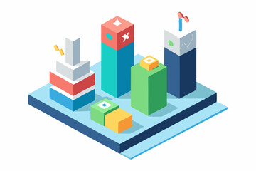 Isometric 3D illustration of a blue bar chart representing financial growth, business performance, or statistical analysis. The image features five ascending bars placed on a tech-style platform.