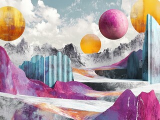 Abstract landscape with spheres and mountains on white background