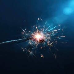 Obraz premium Sparkler Magic: A close-up shot of a burning sparkler, its fiery sparks illuminating the dark blue background with dazzling trails of light.