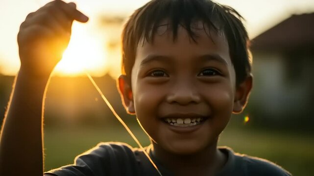 Happy child playing outdoors at sunset.