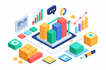 Isometric 3D illustration of a blue bar chart representing financial growth, business performance, or statistical analysis. The image features five ascending bars placed on a tech-style platform.