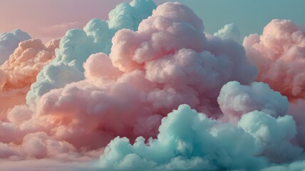 A dreamy view of fluffy pastel clouds in shades of pink peach and blue filling the entire frame