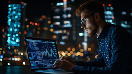 Young fintech developer working late on laptop with neural network models and financial prediction code in banking