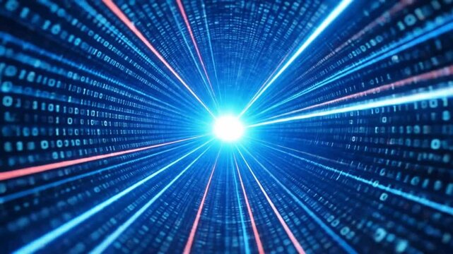 Digital tunnel background with binary code and light streaks, smooth loop
