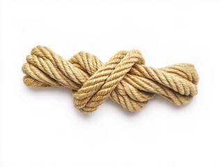 Knotted tan rope on white background