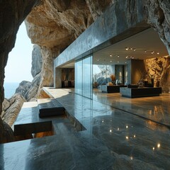 Enchanting Nature-Integrated Dwellings: Modern architecture Mediterranean sea rocky cliffs minimal architecture integrated into caves with open frontage.