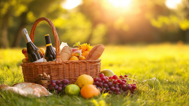 Summer Sunset Picnic with Wine and Baguette - Powered by Adobe