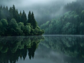 Misty forest lake landscape