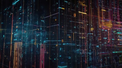 Abstract digital city with glowing lines and geometric shapes against a dark background design element