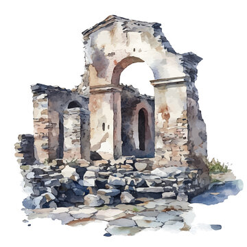 Religious Ruins, watercolor clipart vector, isolated on a white background.
