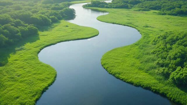 Aerial View of Winding River: An aerial shot showcases a winding river snaking through lush greenery, creating a serene and picturesque scene of natural beauty.