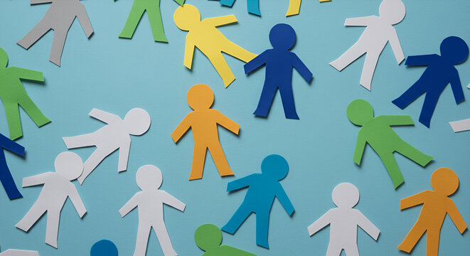 Colorful paper cutouts of people in various colors displayed on a light blue background. Diverse figures, lying flat, in a graphic design or education setting.