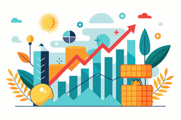 Isometric 3D illustration of a blue bar chart representing financial growth, business performance, or statistical analysis. The image features five ascending bars placed on a tech-style platform.