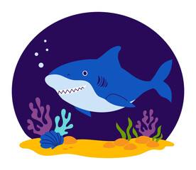 Shark with algae and seabed on dark blue background. Vector illustration