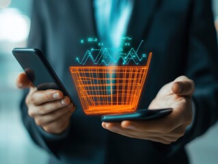 Person holding smartphones with holographic shopping cart overlay