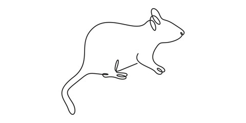 Mouse in one continuous line drawing isolated on white background vector illustration, Single line drawing of a mouse in continuous line art drawing style. Cute small mouse or rat black linear design 