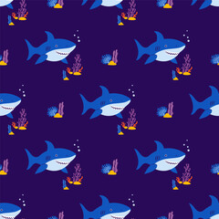 Underwater Seamless Pattern. Shark, Plant algae and coral on dark Blue Background. Vector Illustration