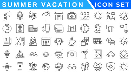 Summer Vacation icon set. Holiday related icons: travel, beach, surfing, hotel, tourism, landscape, camera, passport, ice cream and more. Editable line icons. Vector illustration.