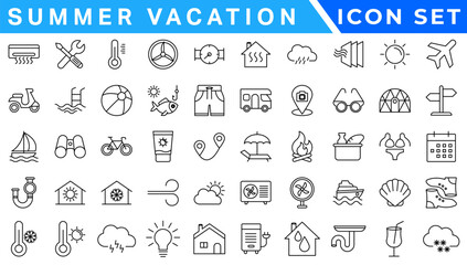 Summer Vacation icon set. Holiday related icons: travel, beach, surfing, hotel, tourism, landscape, camera, passport, ice cream and more. Editable line icons. Vector illustration.