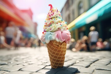 tasty fresh scoop of ice cream in wafer cone