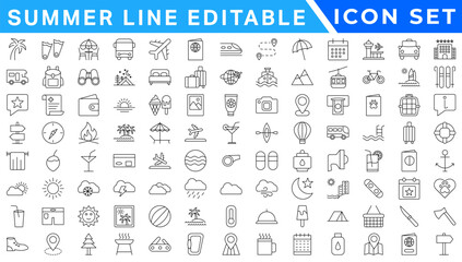 summer line editable icon set. Containing holidays, beach, adventure, travel, summer camp, etc. Editable stroke. Vector illustration