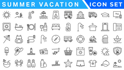 Summer Vacation icon set. Holiday related icons: travel, beach, surfing, hotel, tourism, landscape, camera, passport, ice cream and more. Editable line icons. Vector illustration.
