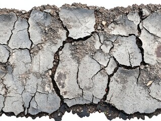 Cracked asphalt road surface on white background