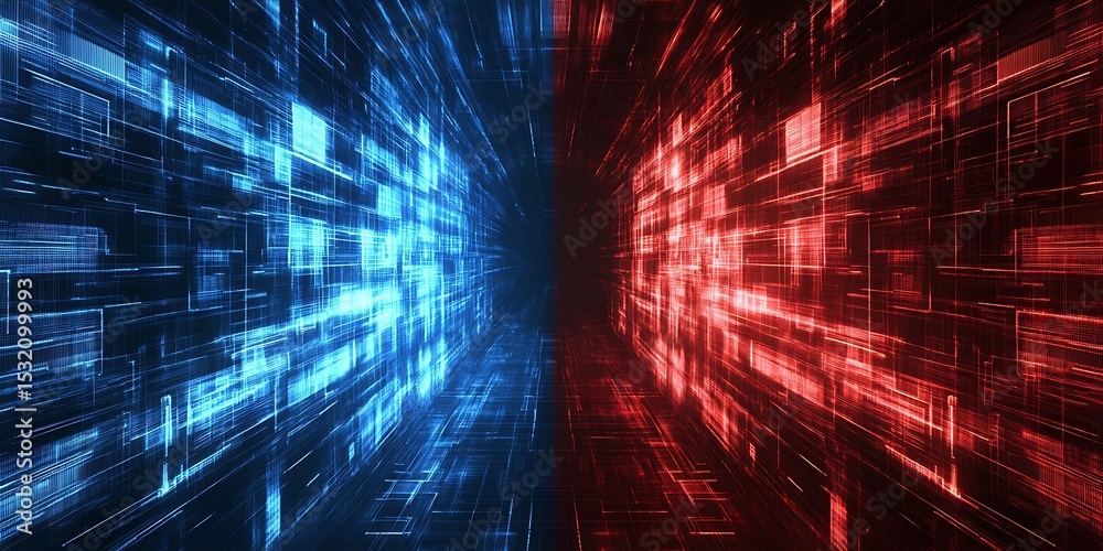 Poster technology background with two paths running in parallel. red and blue color scheme, technology feel