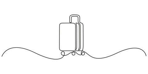 Suitcase in one continuous line art drawing style. Single line drawing of case, luggage bag with wheels isolated on white background. Pro vector