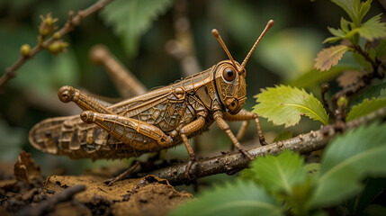 Close-up of a brown grasshopper or Caelifera camouflaged in its natural environment among leaves and branches