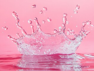 Water splash with droplets on pink background