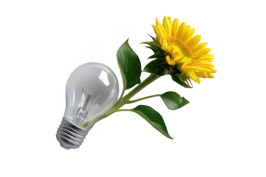 Sunflower growing from a light bulb isolated on a transparent background