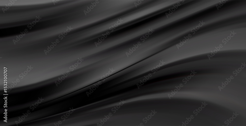 Poster Smooth elegant black satin texture abstract background. Luxurious flowing background design. Vector Drapery Wallpaper BG