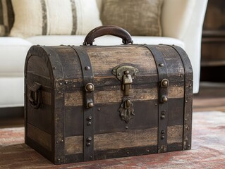 Isolated wooden treasure chest with metal accents on white background
